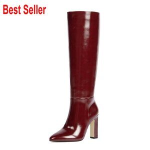 Faux Leather Knee High Boots with Chunky Block Heel and Side Zipper